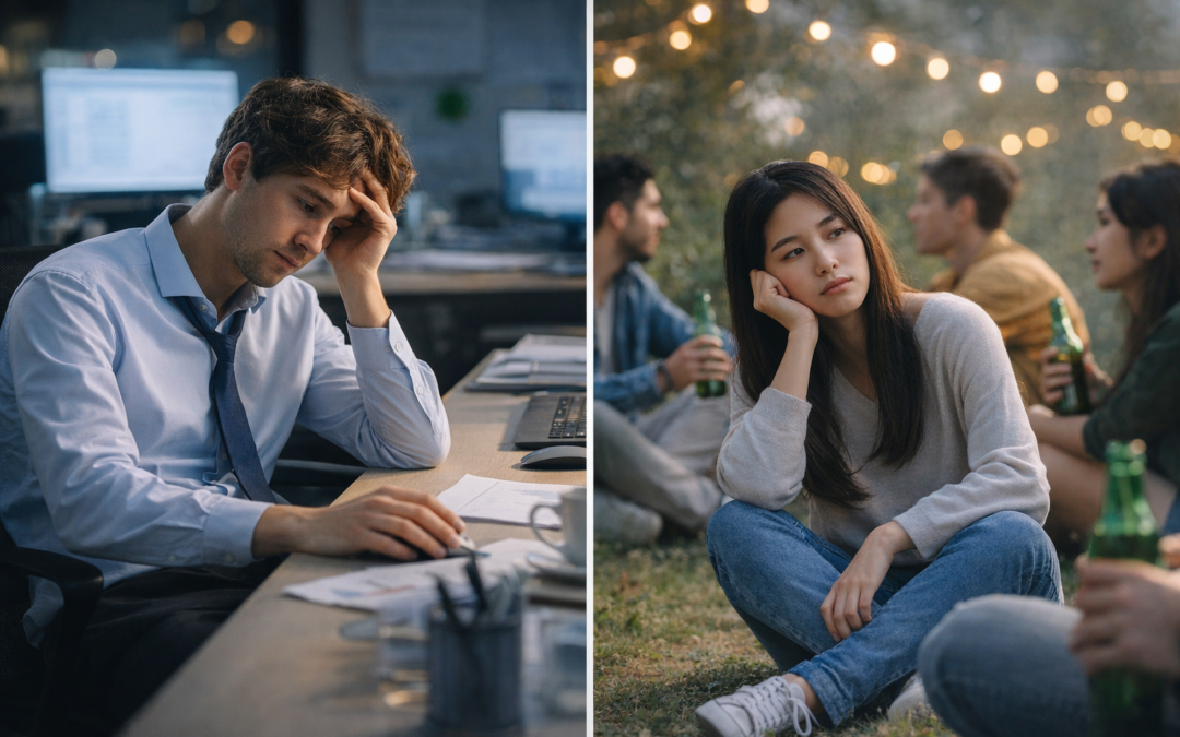 Young professionals sitting in uncomfortable situations, symbolizing staying in environments that no longer feel right.