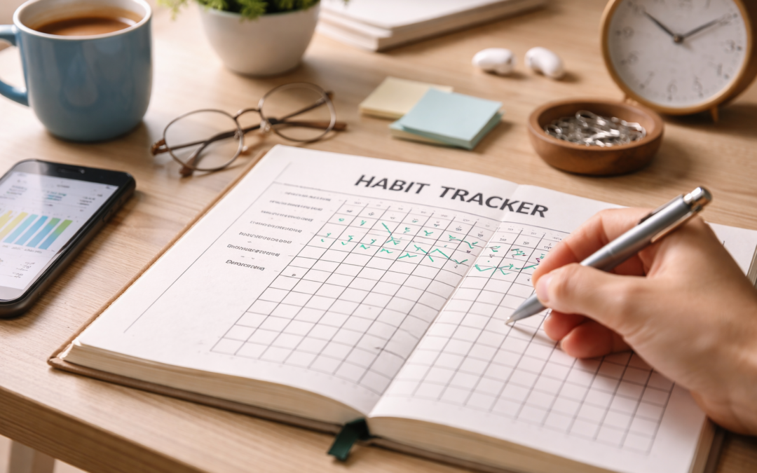Person marking progress in a journal at a desk, representing daily habits, discipline, and consistent effort over time.