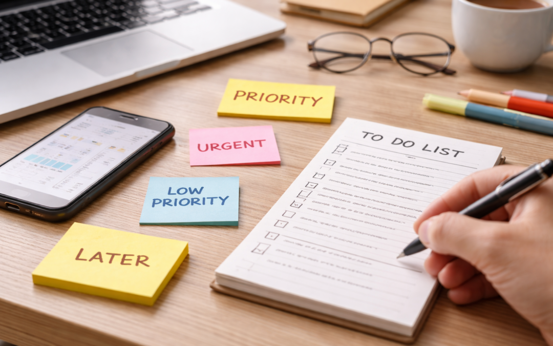 Workspace with task list and priority notes on a desk, representing productivity, task management, and the difference between activity and real progress.