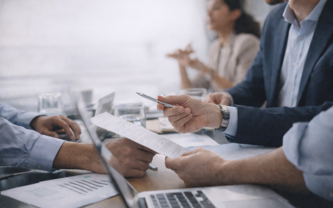 Professionals reviewing documents during a meeting, representing reliability, communication, and workplace professionalism.